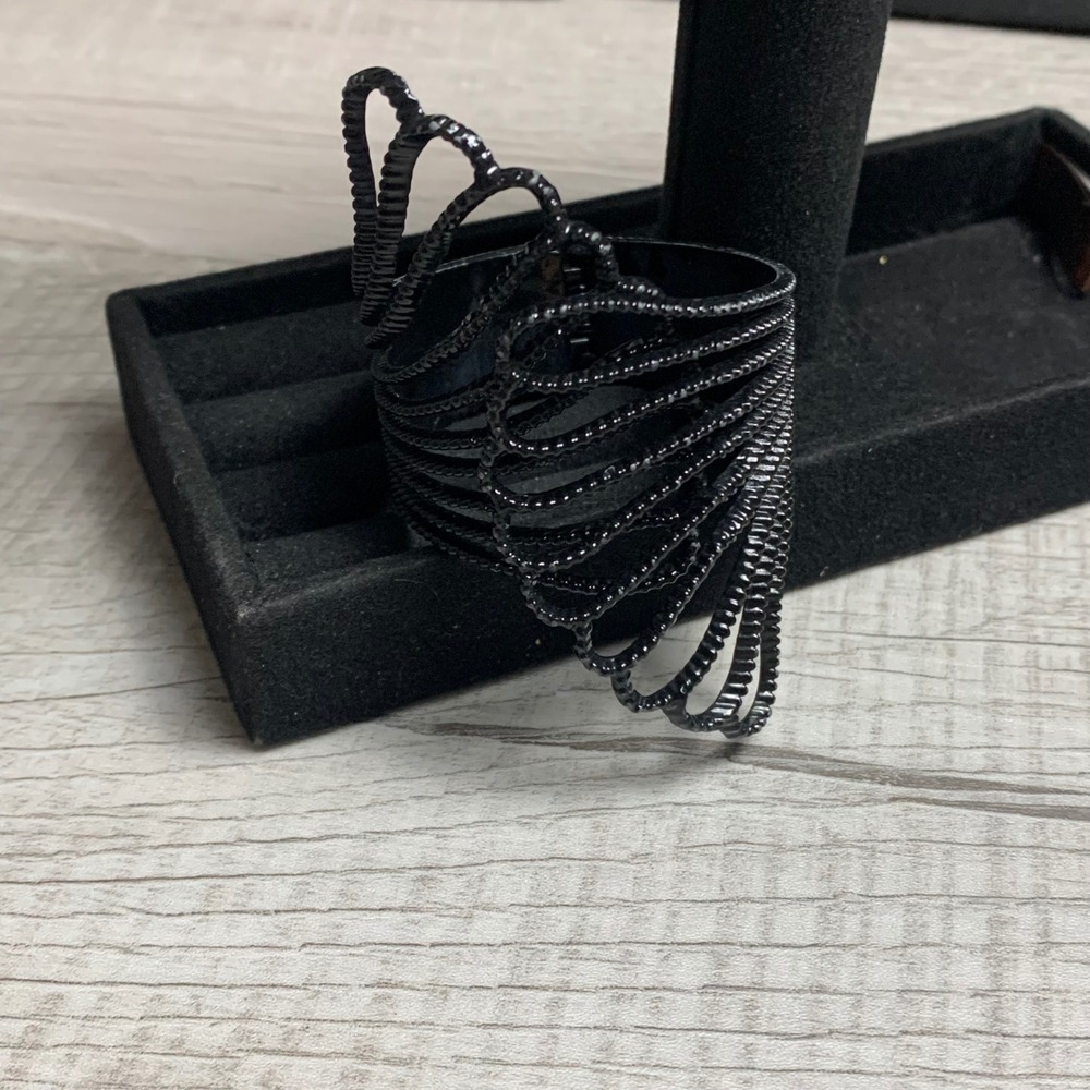 Black Beaded Wire Fan Cuff Bracelet Hinged Statement Architectural Gothic Style